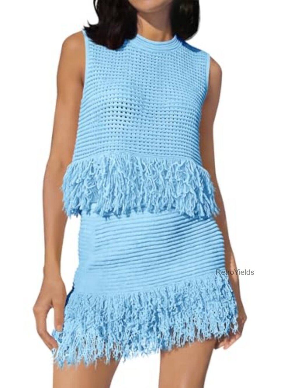 Crochet Knit 2 Piece Skirt Set Sleeveless Fringe Vacation Outfit Beach Cover Up